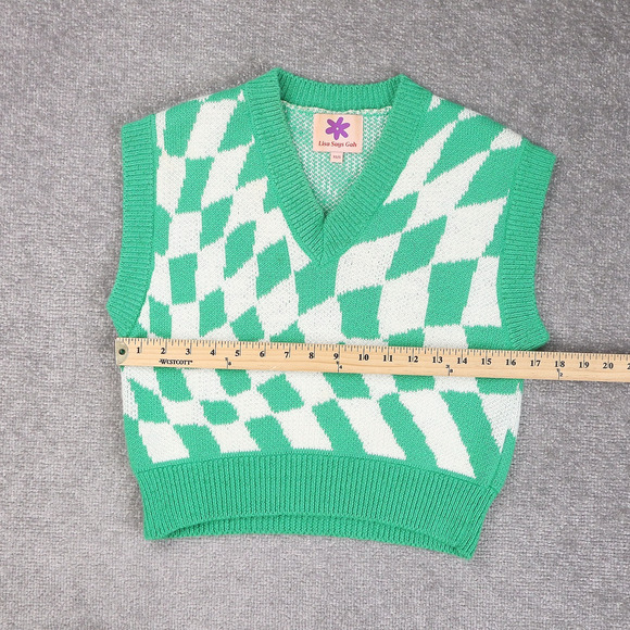 Womens Lisa Says Gah! XS/Small Green White Checkered Sleeveless Sweater Vest - Picture 4 of 8